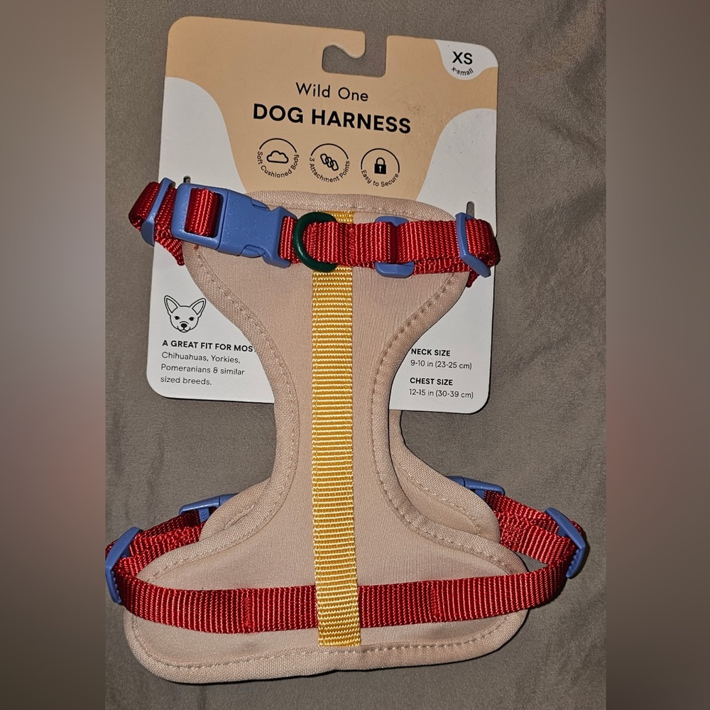 Wild One XS Dog Harness - Red & Yellow with Blue Buckles